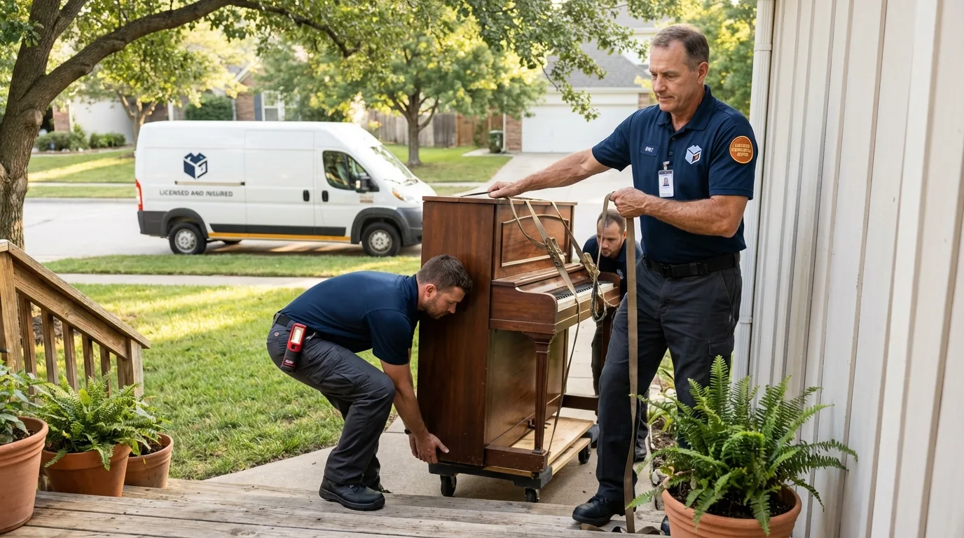 Licensed piano movers securing grand piano in Racine, WI