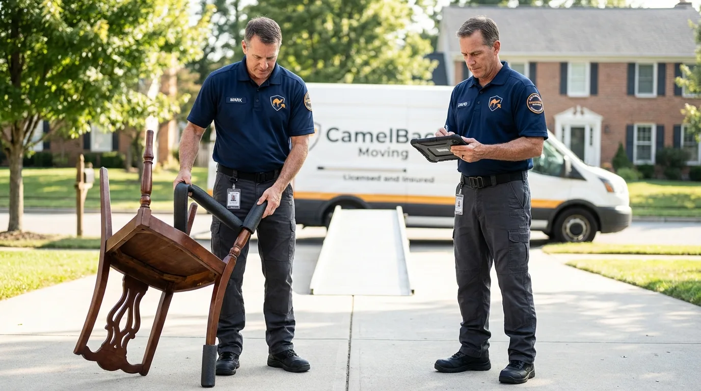 Movers inspecting furniture for damage prevention before loading in Racine, WI