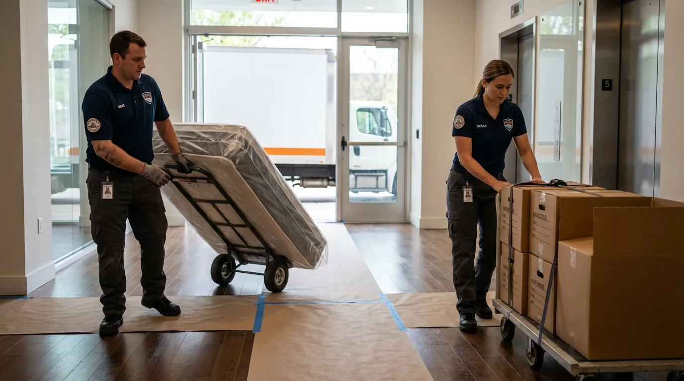 Professional apartment movers loading elevator in Racine, WI